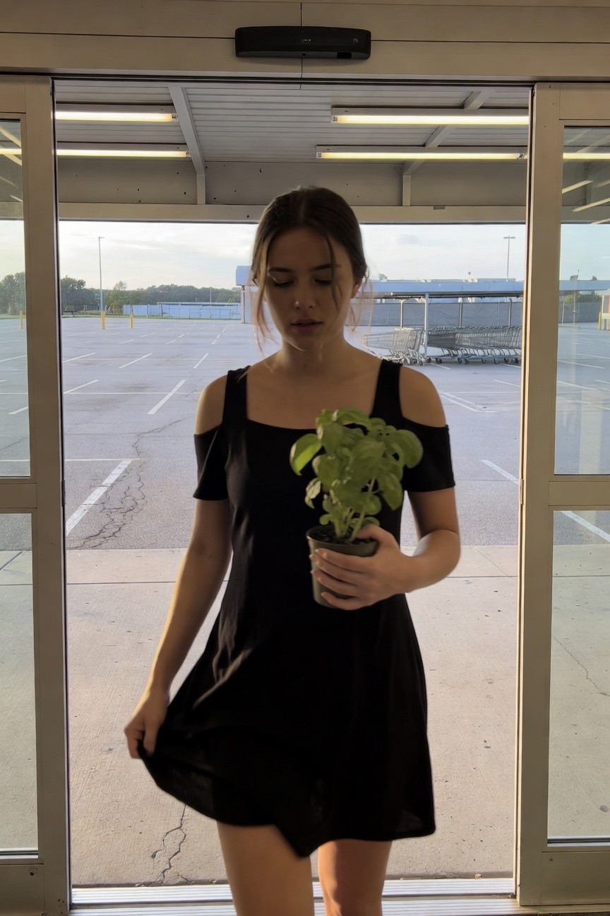 Young woman in black off-the-shoulder mini dress with flared skirt holding a potted basil plant at a store entrance doors