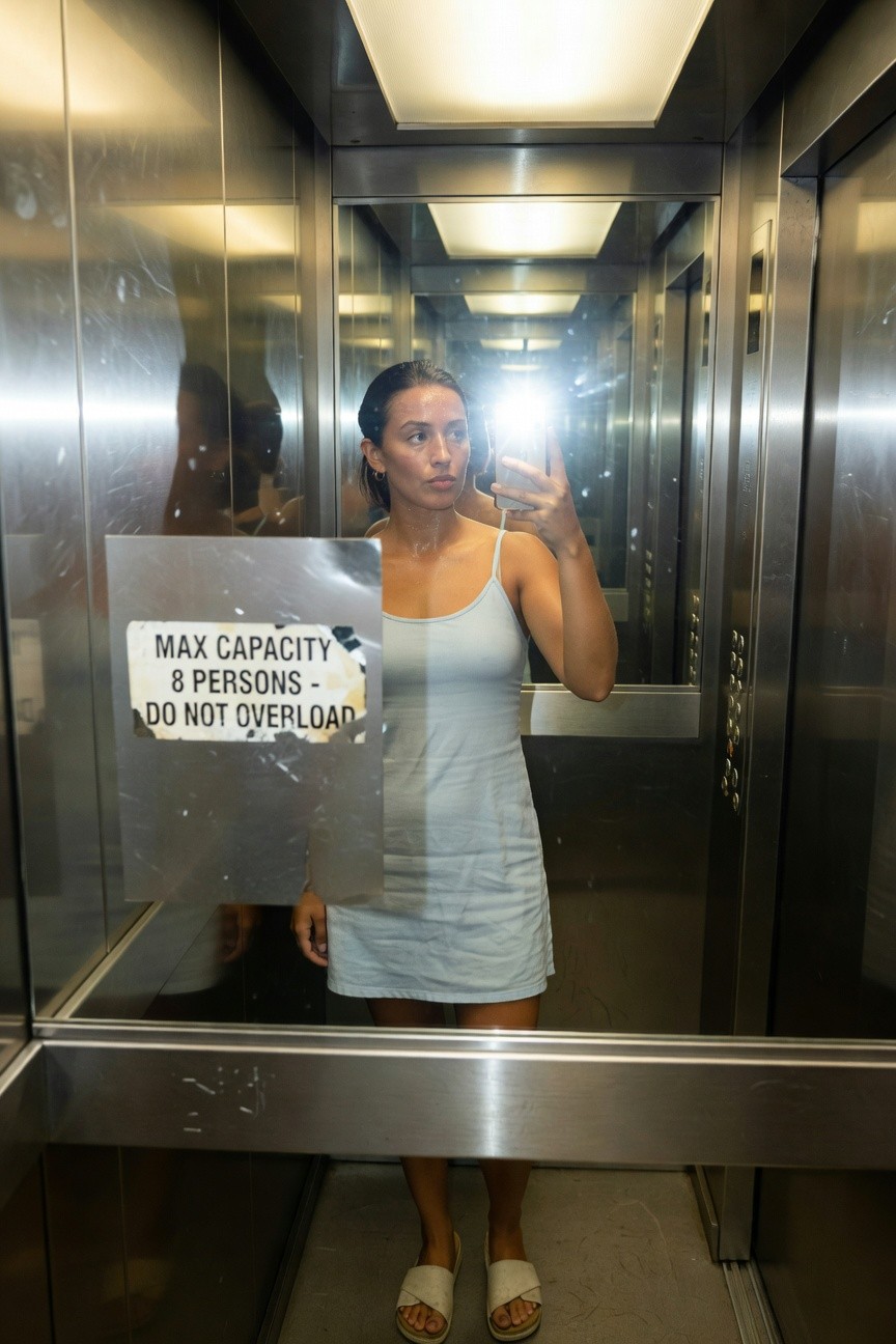 Woman taking elevator mirror selfie in pale blue strappy linen mini dress with thin spaghetti straps, short hemline, bare legs, and white slide sandals, sign reading max capacity 8 persons in background