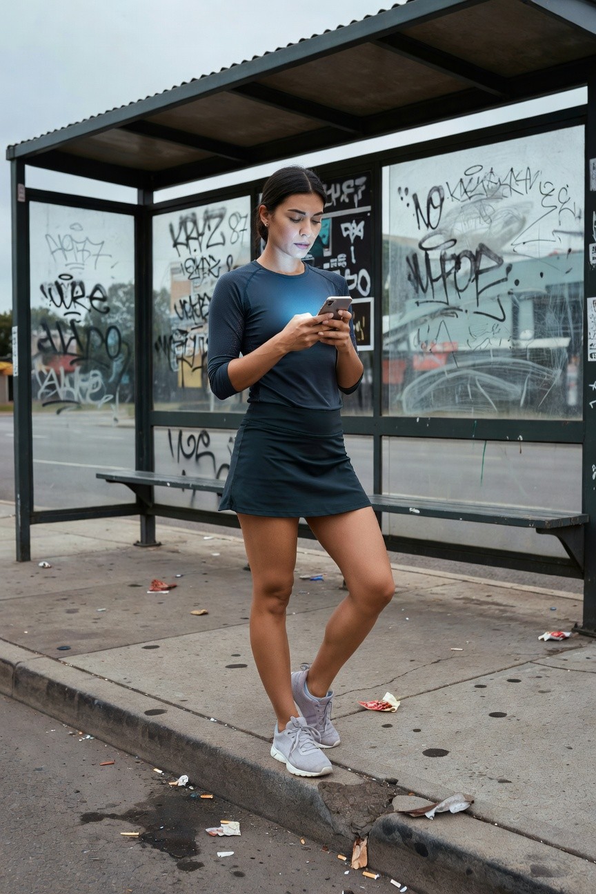 Woman with dark hair wearing navy blue long-sleeve athletic top, matching navy mini skirt, and light gray sneakers, standing and checking her phone by a bus shelter