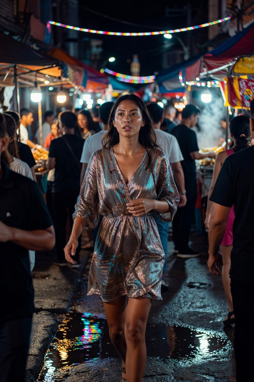 Woman in long-sleeved shimmery metallic wrap mini dress with deep V-neck and short hem, walking with bare legs and sandals amid blurred market crowd
