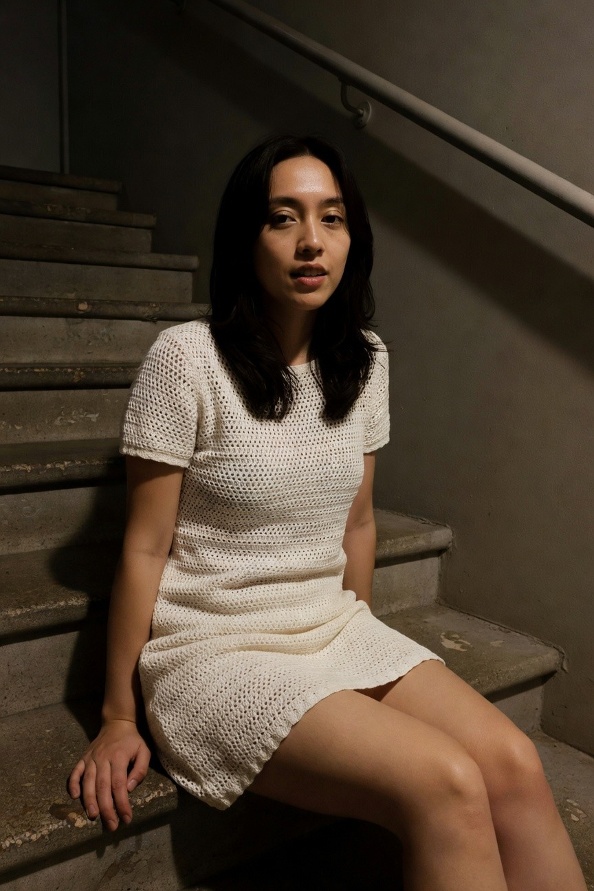 Asian woman with dark hair sitting on concrete stairs in a dimly lit stairwell, wearing a short-sleeved white crocheted mini dress that reveals her thighs, hands resting on the step beside her