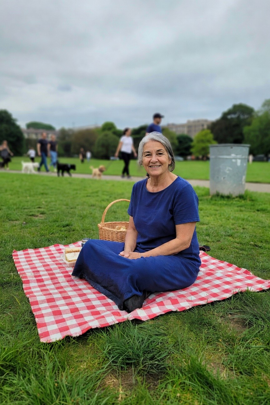 Silver-haired woman in her 60s sitting cross-legged on red-and-white gingham picnic blanket wearing navy blue short-sleeve maxi dress with black flats, wicker basket and sandwich beside her on the grass