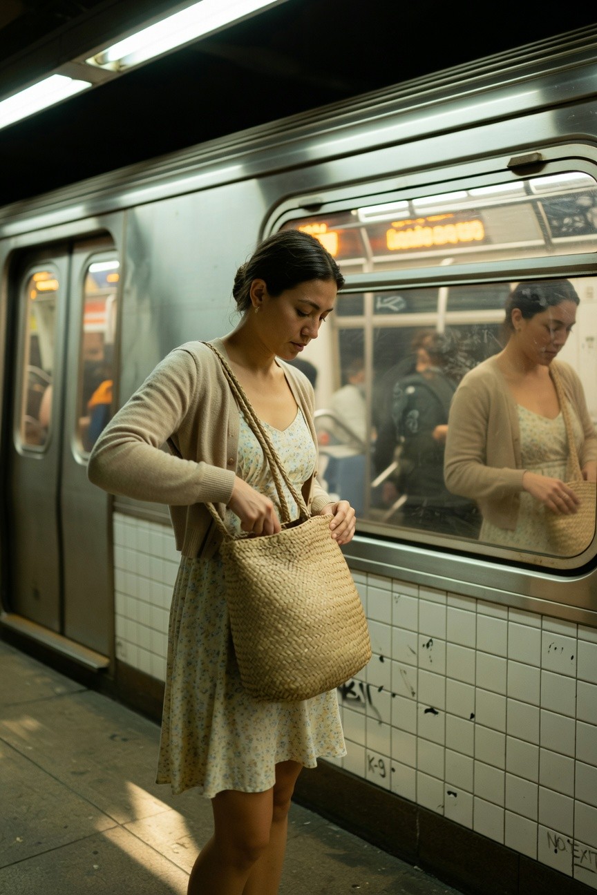 Woman in a light floral print sundress layered with an open beige cardigan, holding a large woven straw tote bag, standing on a subway platform next to a train.