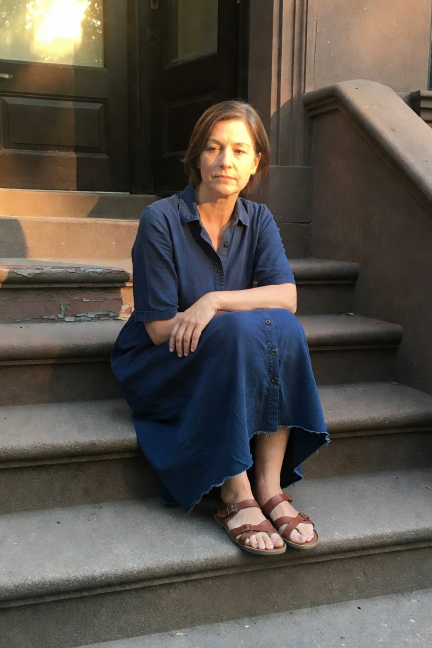 Woman seated on brownstone steps in navy chambray short-sleeve button-front shirt dress with flared skirt and brown leather cross-strap sandals, arms crossed casually