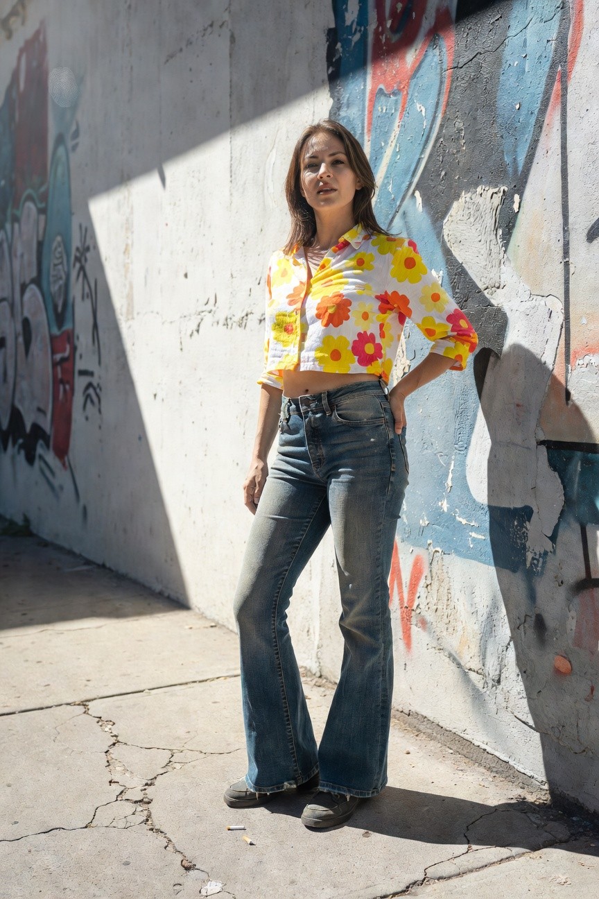 Woman leaning against graffiti-covered wall in cropped yellow floral print button-up shirt with flared blue denim jeans and chunky black boots, hands in pockets, midriff exposed