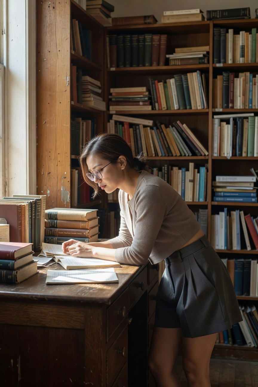 Woman in cropped beige knit cardigan with long sleeves and dark gray high-waisted pleated leather shorts, leaning over a desk while writing, wearing glasses and hair in a bun