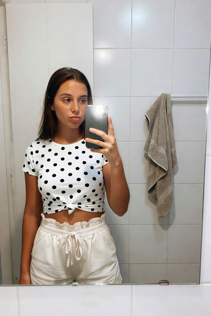 Woman taking a mirror selfie in a bathroom wearing a white short-sleeve polka dot crop top tied at the waist and matching white ruffled drawstring shorts