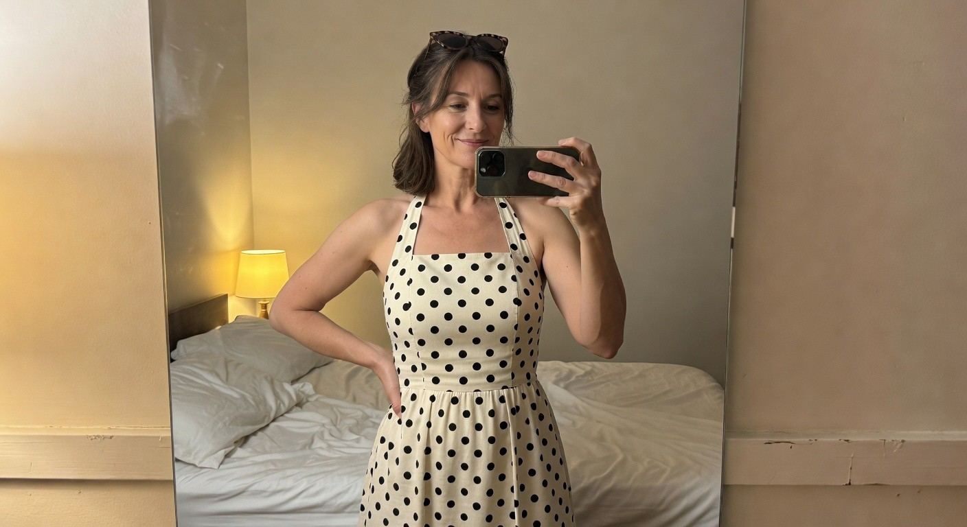 Mature woman with gray bob haircut wearing a fitted navy blue polka dot halter neck dress, sunglasses perched on head, taking a mirror selfie in a bedroom setting