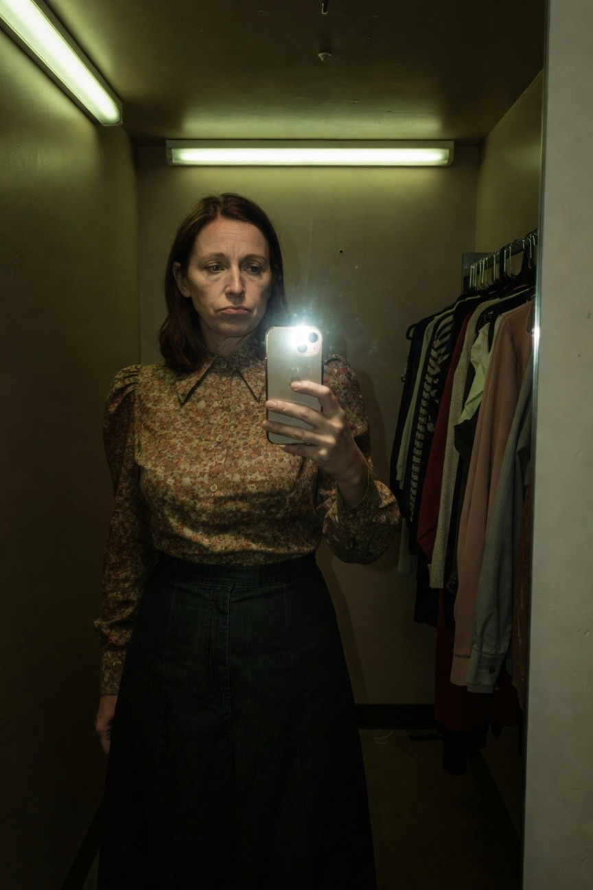Woman selfie in clothing closet wearing long-sleeved collared blouse with puffed sleeves in multicolored floral print of oranges browns and creams tucked into high-waisted dark denim wide-leg pants under fluorescent lights