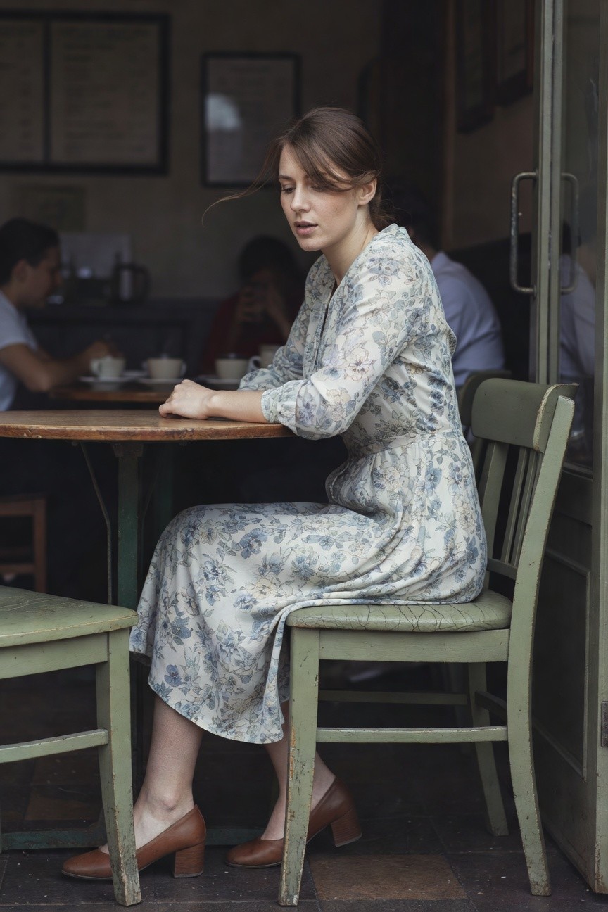 Woman seated at a wooden cafe table in a sheer long-sleeved floral midi dress in pale blue and white tones with a cinched waist, wearing brown leather mid-heel pumps, viewed from side angle in a vintage-style interior