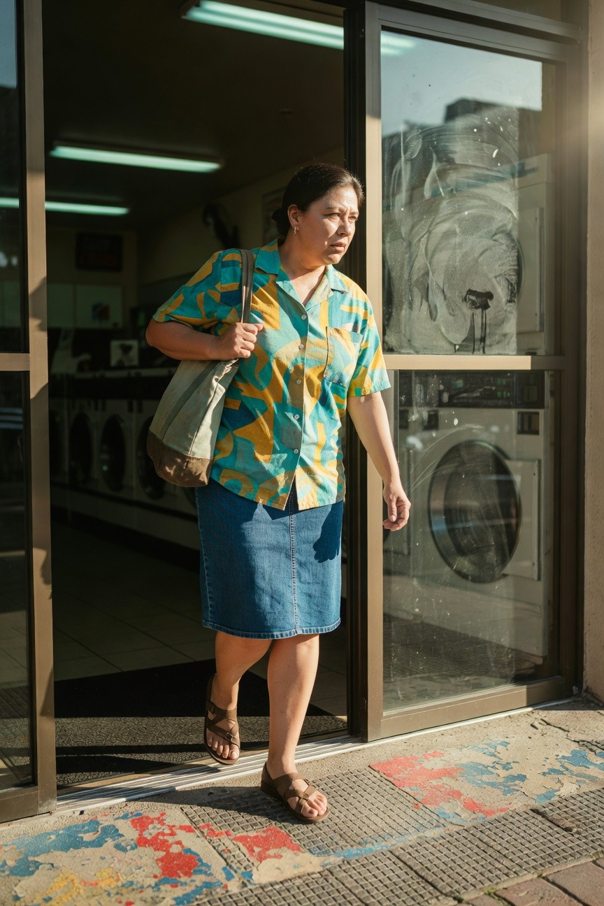 Middle-aged Asian woman exiting laundromat door wearing short-sleeve geometric print shirt in teal green yellow and orange, mid-calf blue denim skirt, beige canvas tote bag over shoulder, and tan strappy flat sandals, viewed from side angle in bright daylight