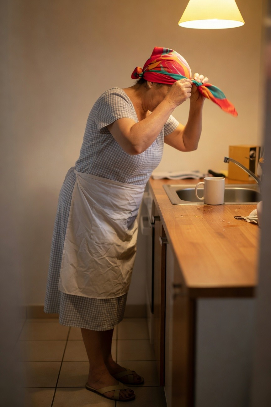 Older woman in a light blue gingham short-sleeve dress and white apron, adjusting a vibrant multicolored striped headscarf in a kitchen setting, paired with tan sandals for retro vintage summer style