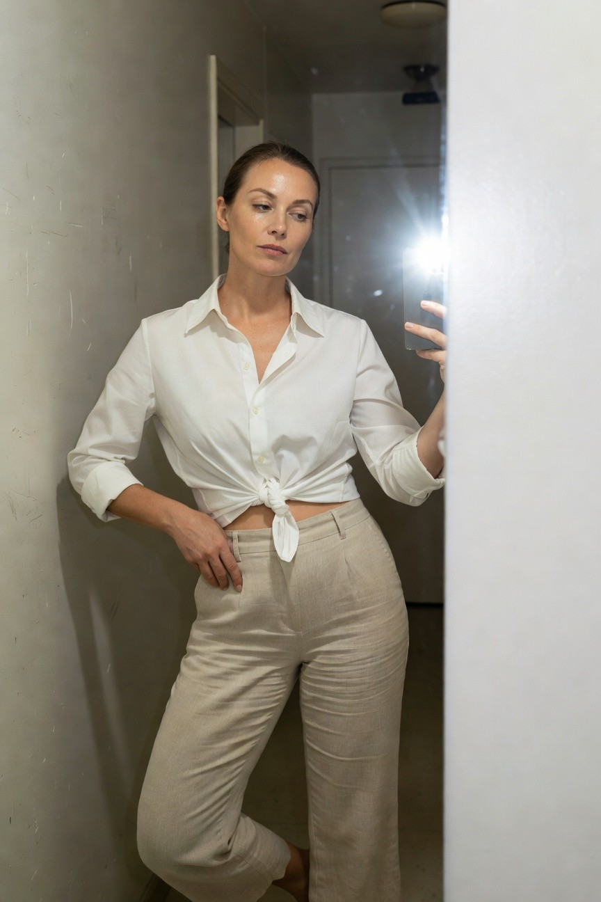 Woman in hallway selfie wearing white collared long-sleeve button-up shirt knotted at waist over high-waisted wide-leg beige linen pants, one hand on hip, casual relaxed pose
