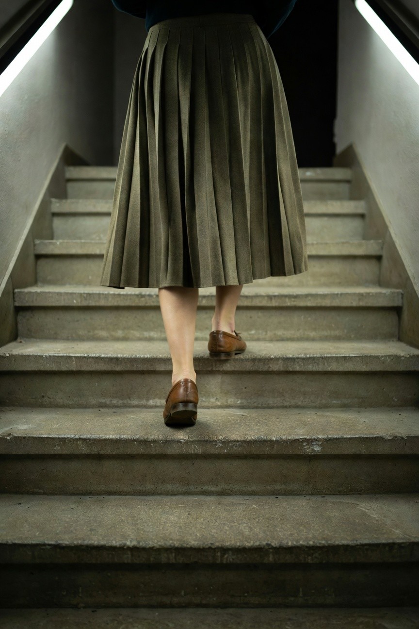 Rear view of woman descending concrete stairs in navy blue cropped sweater, olive green pleated midi skirt, and brown leather loafers, lit by overhead fluorescent lights