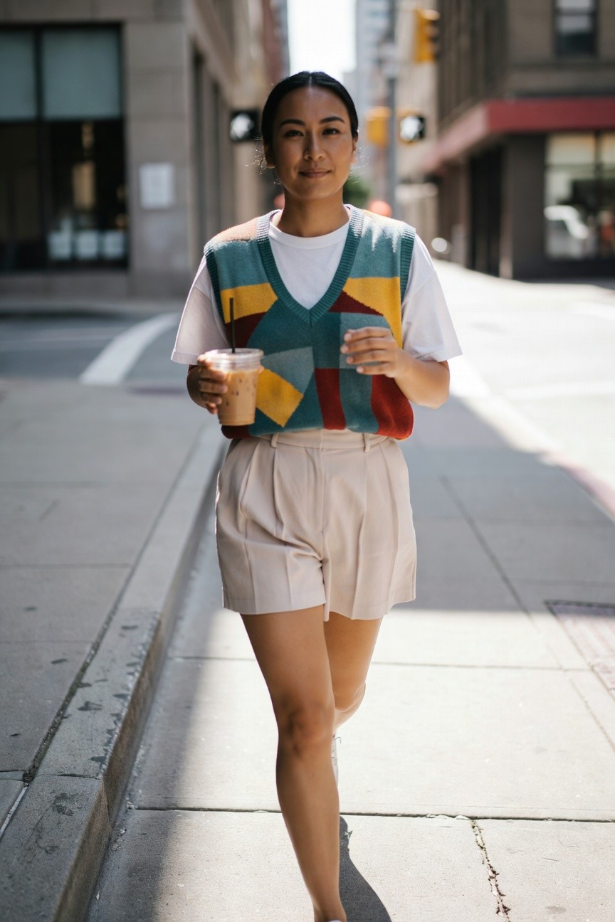 Young Asian woman walking on urban sidewalk in colorful geometric knit vest over white t-shirt, beige pleated shorts, white sneakers, holding iced coffee cup