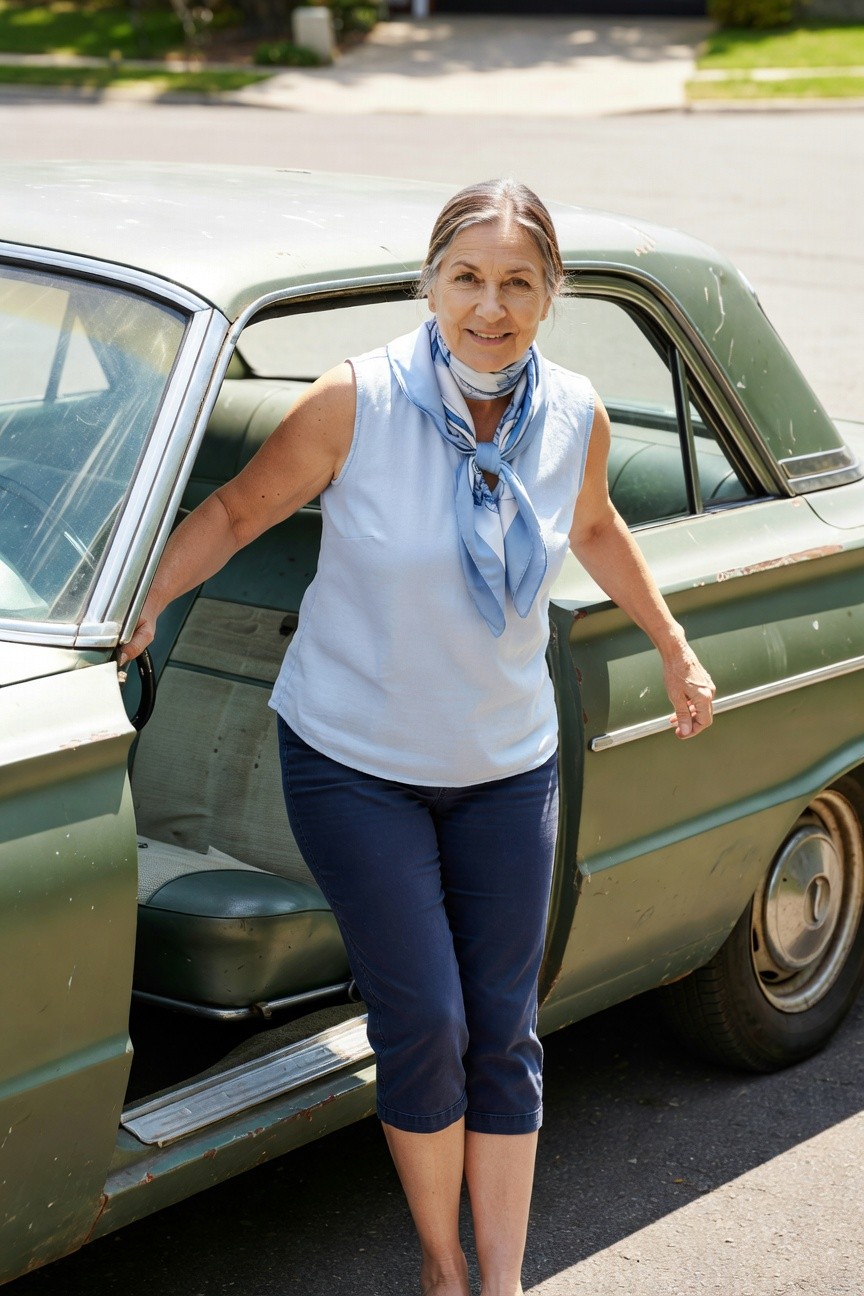 Older woman with gray hair wearing a light blue sleeveless top, blue patterned scarf around neck, and navy cropped pants, leaning casually on the open door of a green vintage car parked on a sunny street