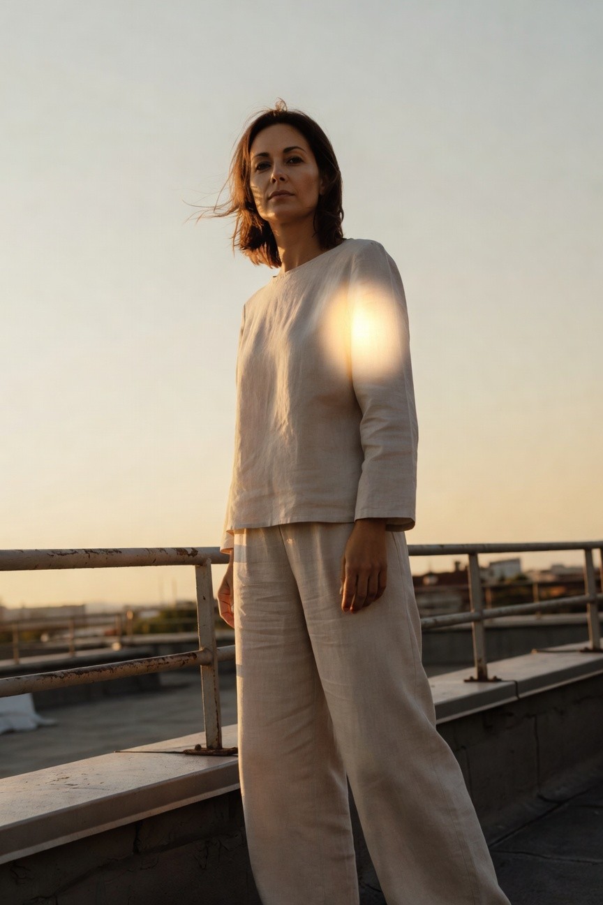 Side profile of a woman in a loose beige linen blouse and wide-leg pants, standing casually with one hand on a metal railing