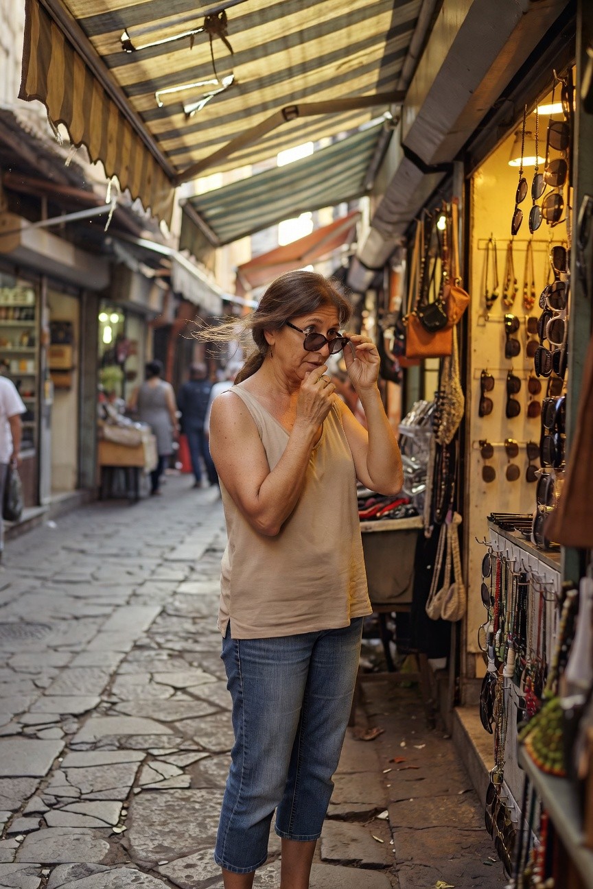 Woman in beige sleeveless tank top and light blue cropped jeans examining sunglasses at a market stall, hair windswept, casual summer market outfit