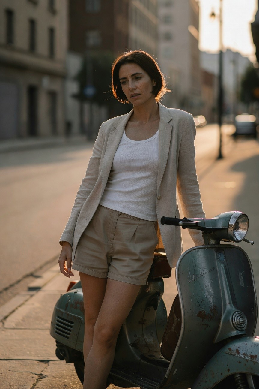 Woman standing next to vintage green Vespa wearing open light beige linen blazer over white tank top and matching beige tailored shorts, urban street setting at dusk