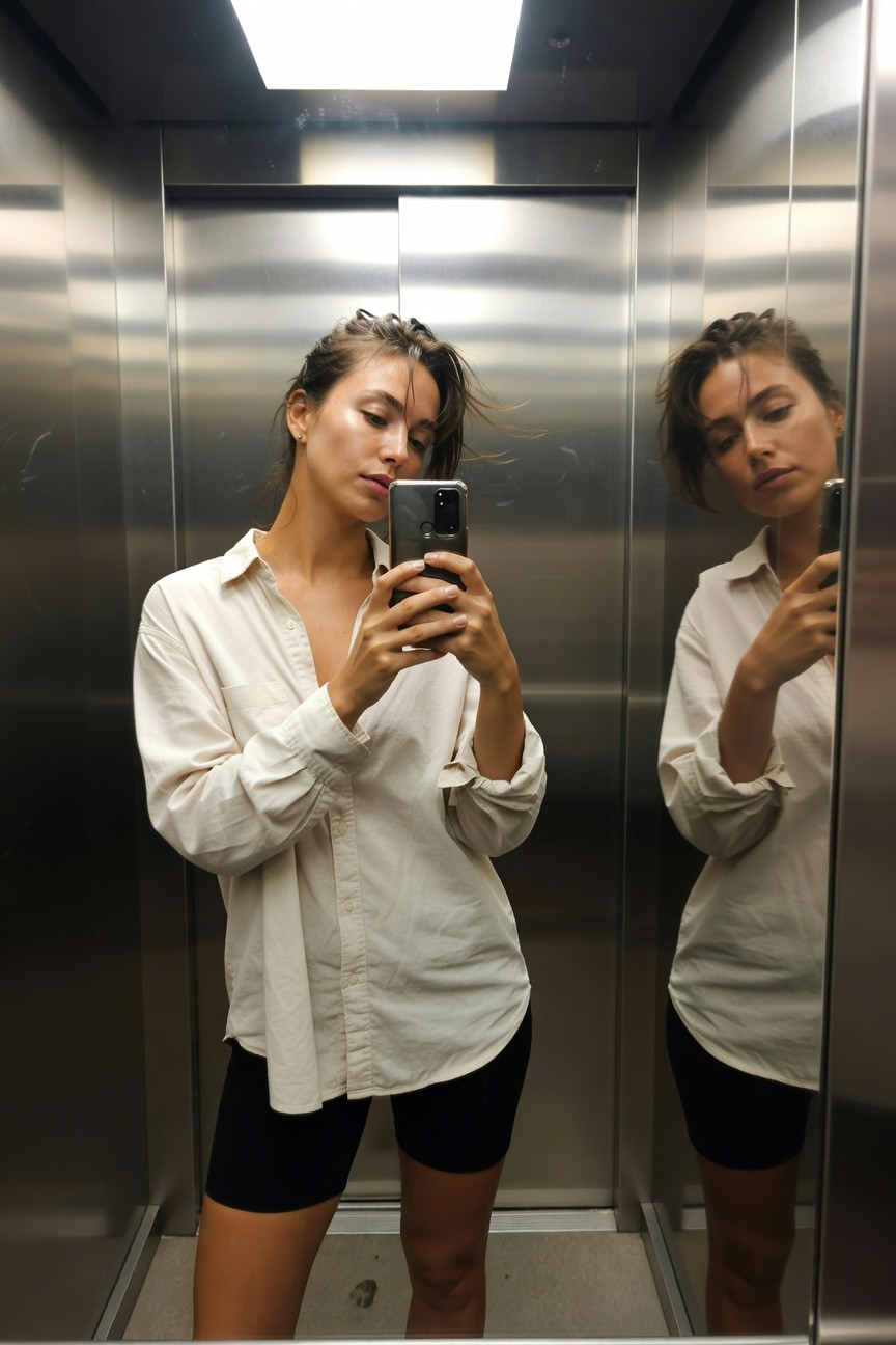 Woman taking a mirror selfie in an elevator wearing an oversized cream button-down shirt unbuttoned at the collar over black bike shorts, hair loosely tousled, holding her phone