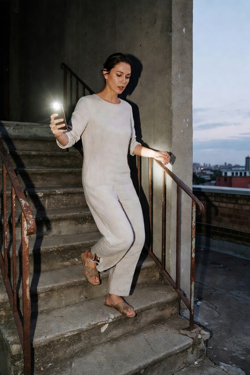 Woman ascending outdoor metal stairs in a cream long-sleeve linen jumpsuit with wide-leg pants and strappy tan flat sandals, holding a phone with flashlight on at dusk