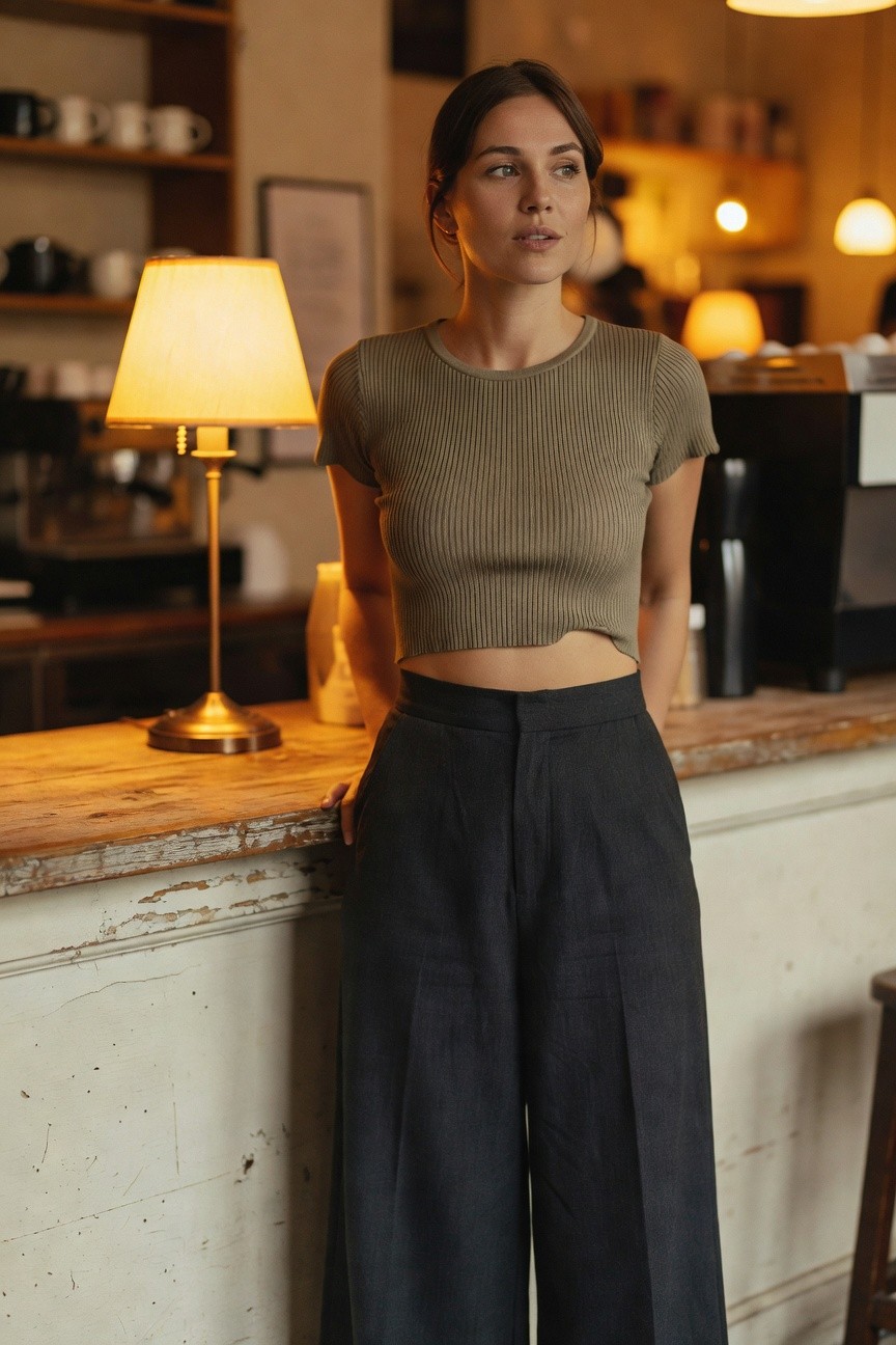 Woman leaning on wooden bar counter wearing cropped olive green ribbed knit short-sleeve top showing midriff and high-waisted wide-leg dark charcoal trousers, indoor cafe setting with warm lamps