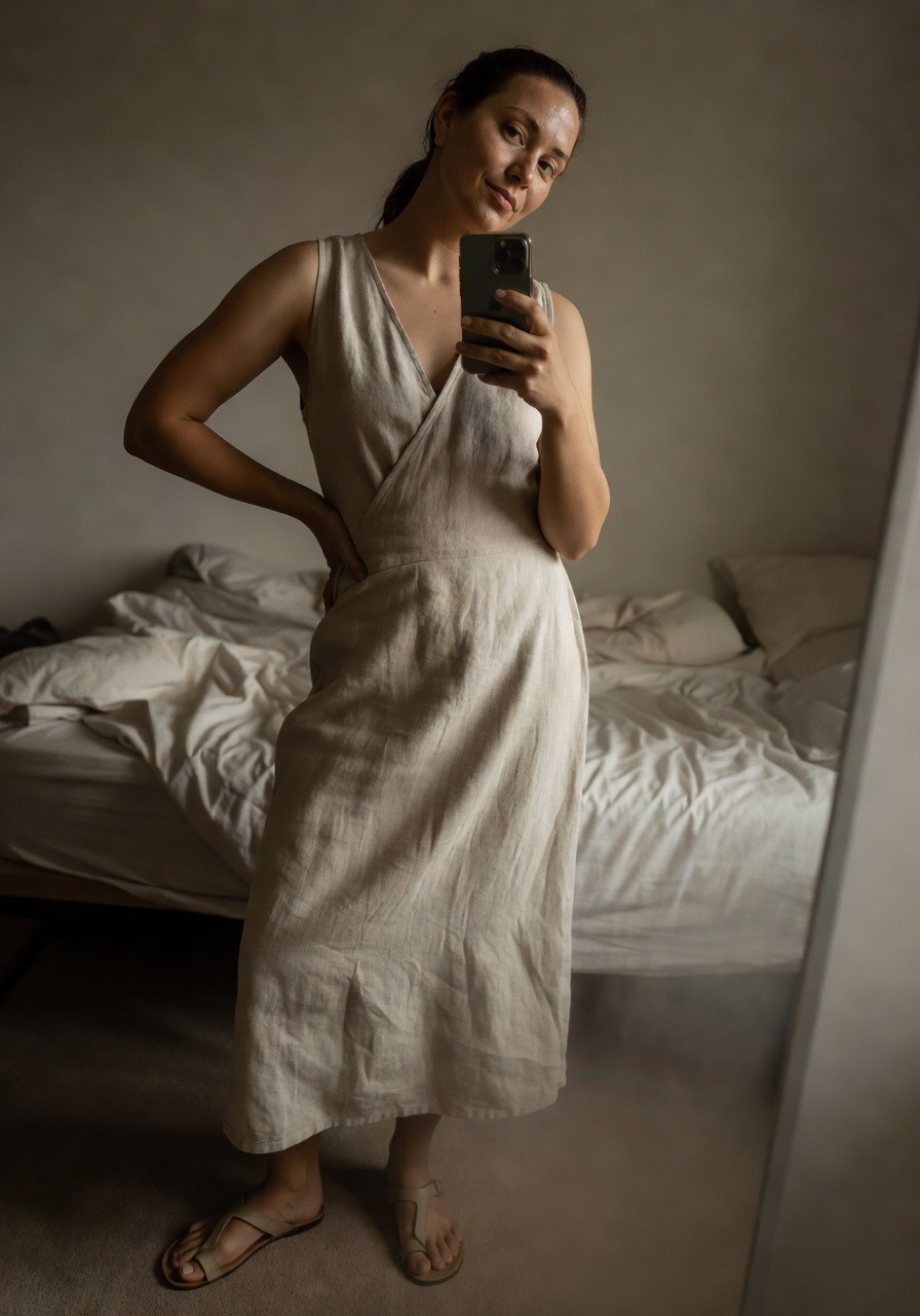Woman taking mirror selfie in a white linen wrap dress with short sleeves and tie belt, paired with tan flat sandals, standing in a bedroom with bed visible