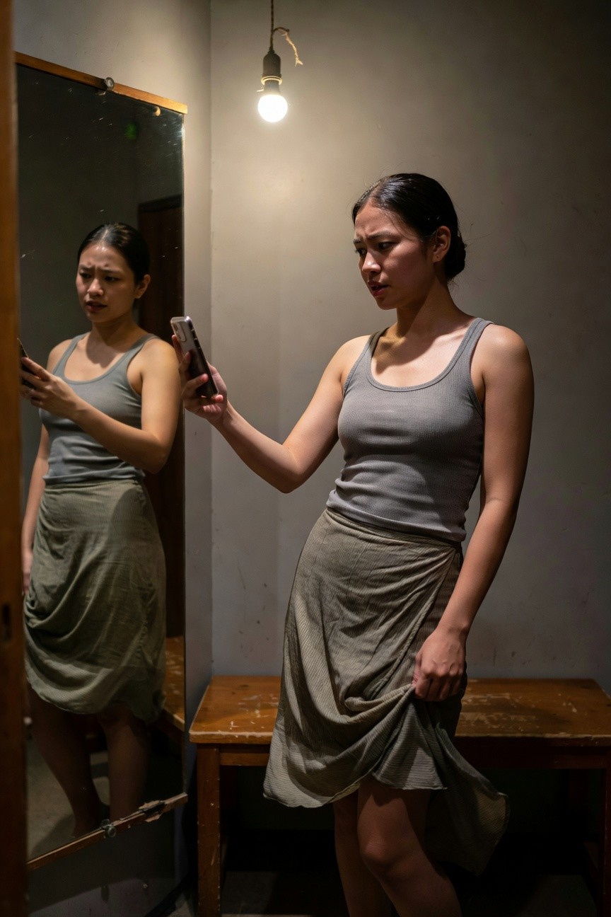 Asian woman in gray sleeveless tank top and matching draped wrap skirt holding a phone in a mirrored room, side profile view