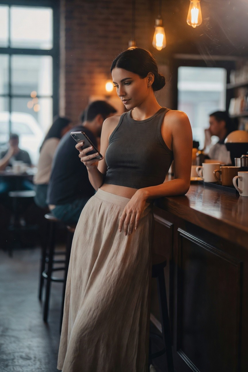 Woman leaning on wooden bar counter in cozy cafe wearing cropped gray ribbed tank top and high-waisted flowy beige midi skirt, holding smartphone, hair in neat bun, warm indoor lighting with blurred patrons in background