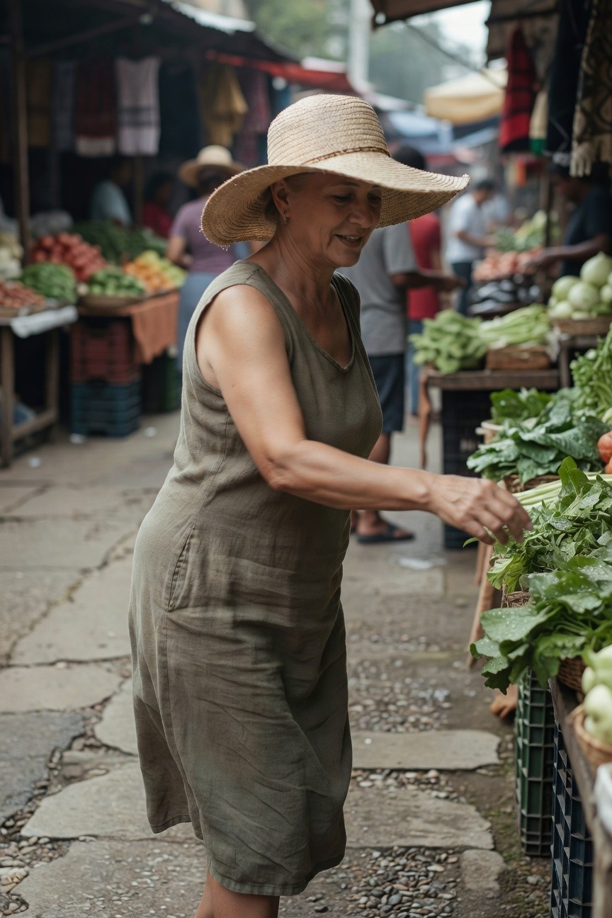 Older woman in wide-brim straw hat and sleeveless olive green linen midi dress reaching for vegetables at outdoor market stall, side view emphasizing loose fit and earthy tones.