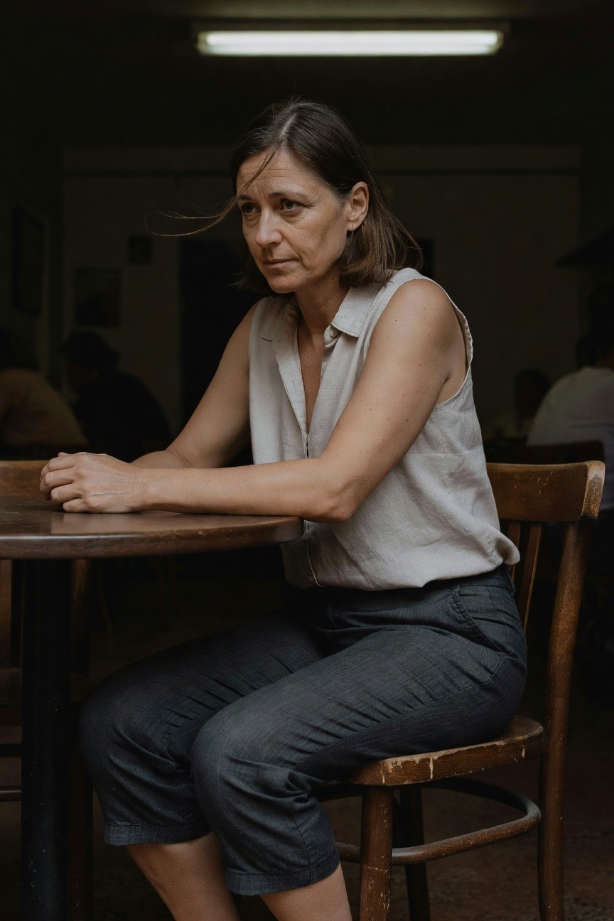 Woman in her 40s with bob haircut wearing sleeveless light gray collared shirt and dark gray cropped pants, arms folded on wooden table while seated on wooden chair in indoor setting