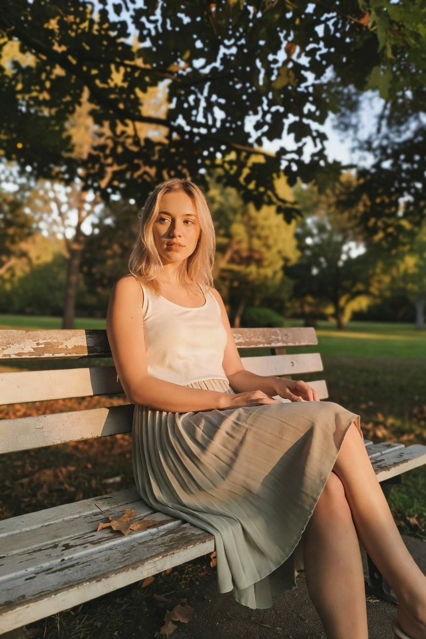 Blonde woman seated on a weathered white park bench, wearing a thin white spaghetti-strap tank top tucked into a pleated midi skirt in light gray-green, legs crossed with white slide sandals, hands resting on bench