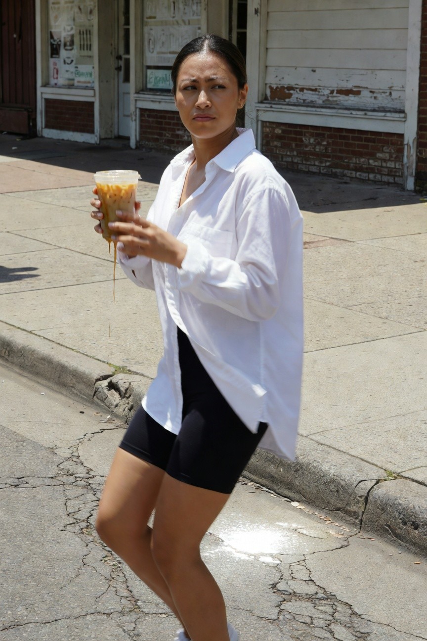 Asian woman in oversized white button-down shirt partially open over black bike shorts and white sneakers, holding iced coffee with dripping condensation on urban sidewalk