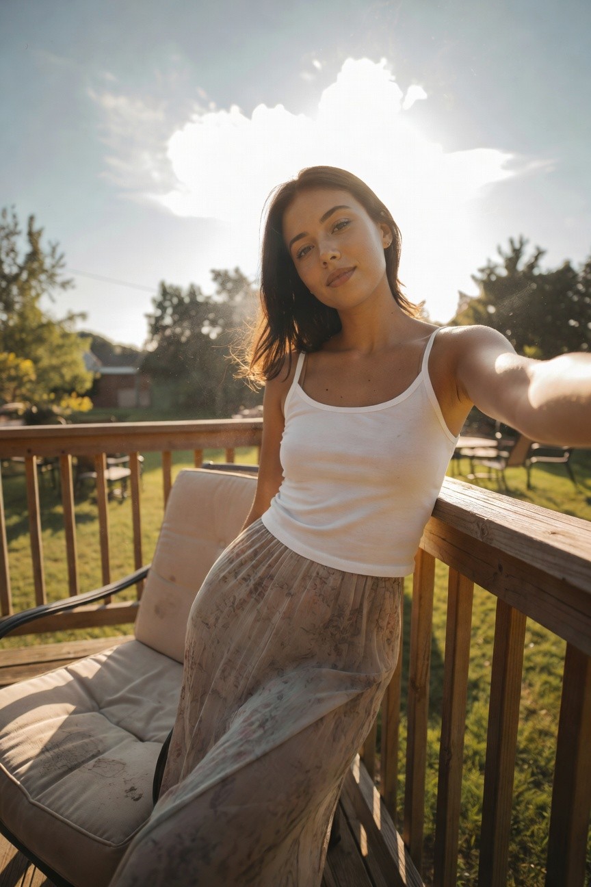 Woman taking a selfie in a white spaghetti-strap tank top and sheer beige floral-print midi skirt, leaning against a wooden deck railing with beige chair nearby