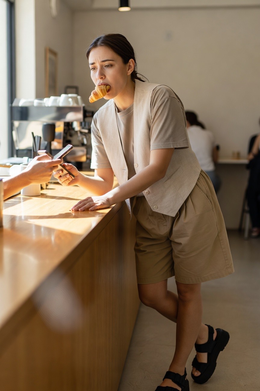 Woman leaning on wooden counter in light beige buttoned sleeveless vest over white short-sleeve tee, matching wide-leg khaki shorts to mid-thigh, black chunky strap sandals, holding phone and biting croissant