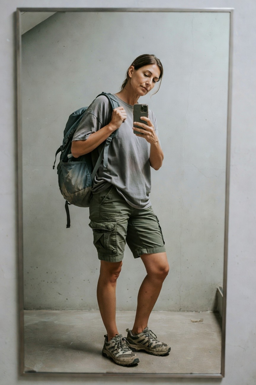 Woman in mirror selfie wearing loose gray oversized t-shirt, olive green mid-thigh cargo shorts with pockets, blue-green backpack over one shoulder, gray hiking shoes with orange accents, holding phone casually while leaning slightly.