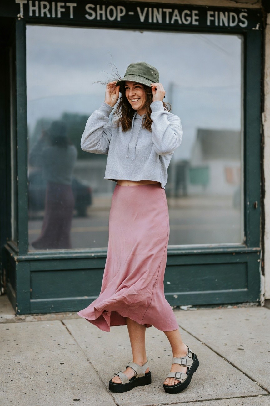 Woman smiling while adjusting green bucket hat, wearing cropped gray hoodie, pink satin midi skirt flowing out, and beige strappy platform sandals with black soles, standing on sidewalk in front of thrift shop window.