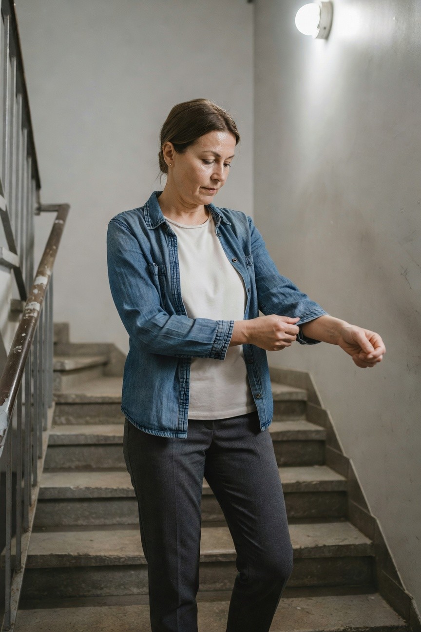 Woman standing on concrete stairs in an open blue denim jacket over white tank top and gray straight-leg trousers, adjusting her sleeve under indoor lighting