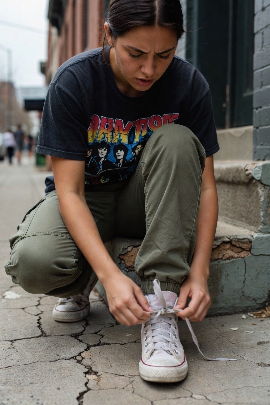 Young woman with dark hair squatting on concrete steps in urban alley, tying laces on white Converse sneakers while wearing oversized black graphic band T-shirt and loose olive green cargo pants