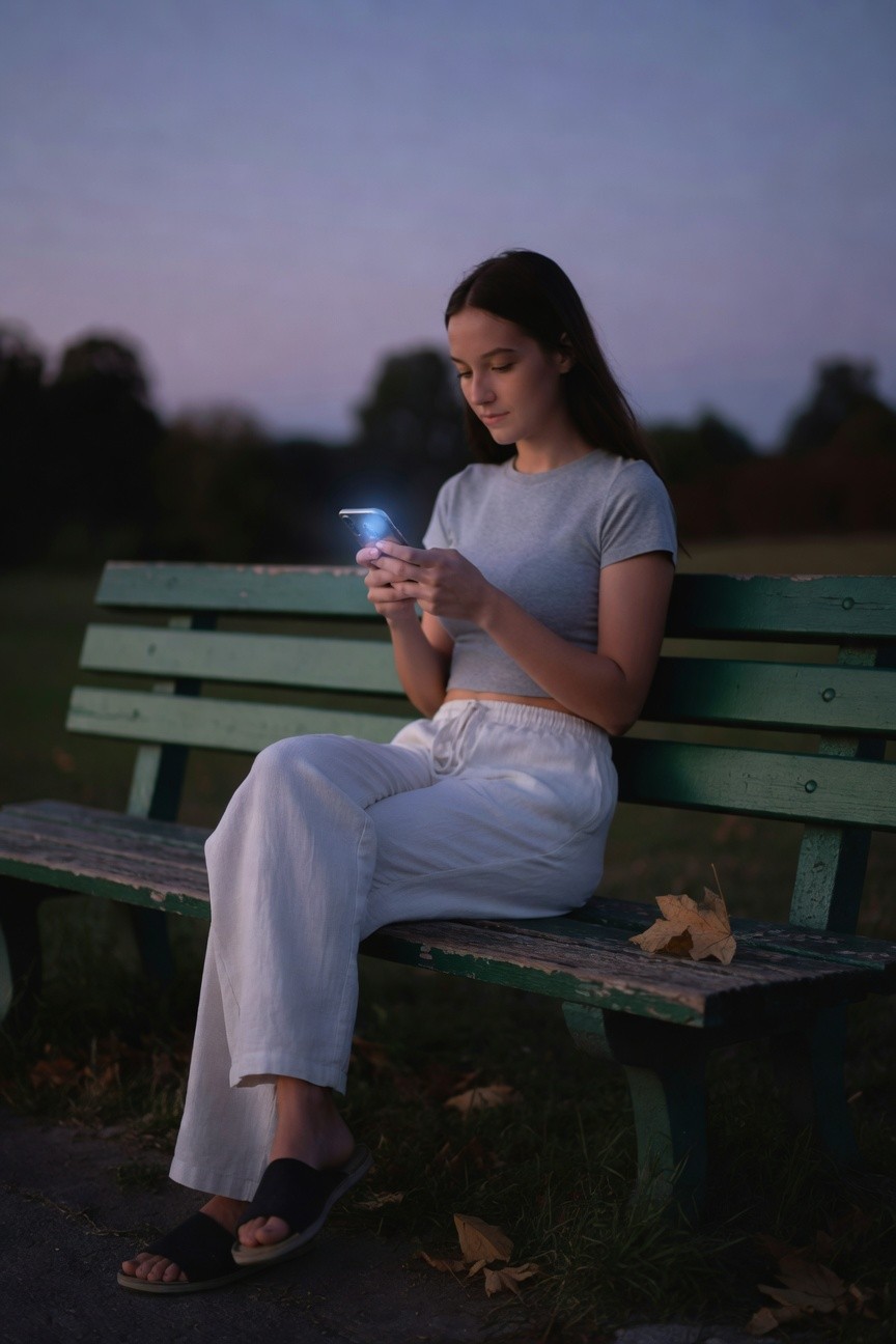 Young woman sitting on a green park bench wearing a fitted gray short-sleeve t-shirt, wide-leg white linen pants with drawstring waist, and black slide sandals, holding a phone while looking down, long brown hair loose, autumn leaves nearby at dusk