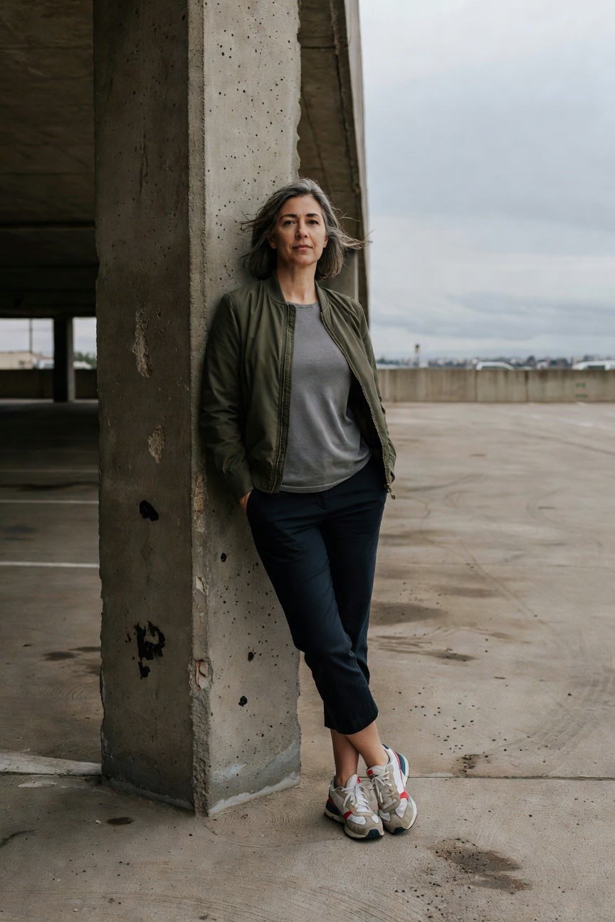 Silver-haired woman leaning against concrete pillar wearing olive green bomber jacket over gray t-shirt, navy cropped pants, and white sneakers with red and blue accents in urban parking structure