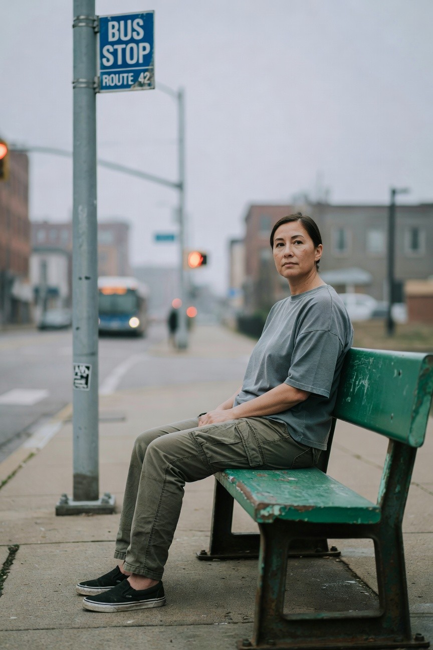 Asian woman in her 40s with short dark hair sits on a green metal bench at an urban bus stop, wearing an oversized gray t-shirt, khaki cargo pants rolled at the ankles, and black slip-on sneakers, with a bus stop sign for Route 42 nearby and city street blurred in background