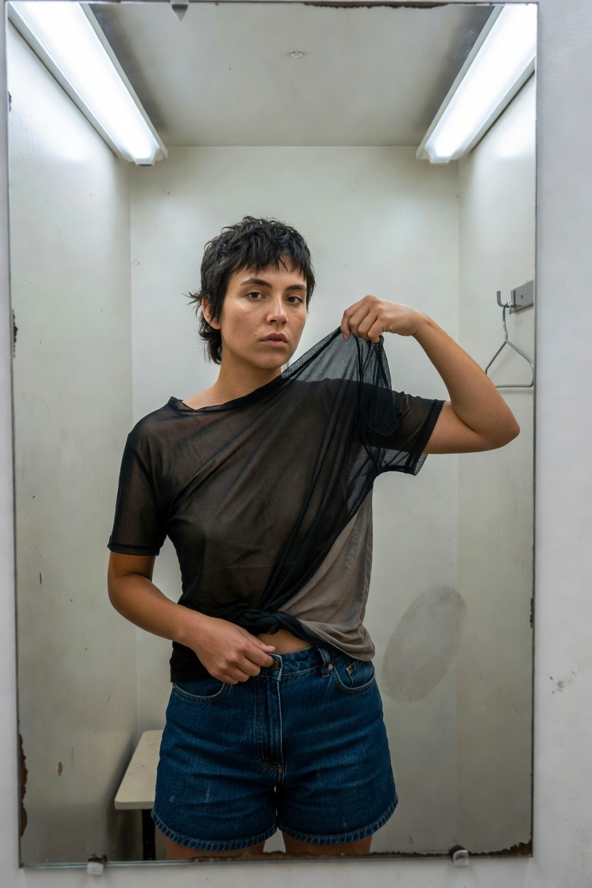 Asian woman with short curly black hair stands in a white changing room before a mirror under fluorescent lights, wearing a sheer black short-sleeve mesh top tied at the waist and high-waisted faded blue denim shorts, holding up the edge of the top with one hand while flexing the other arm, coat hanger on wall nearby