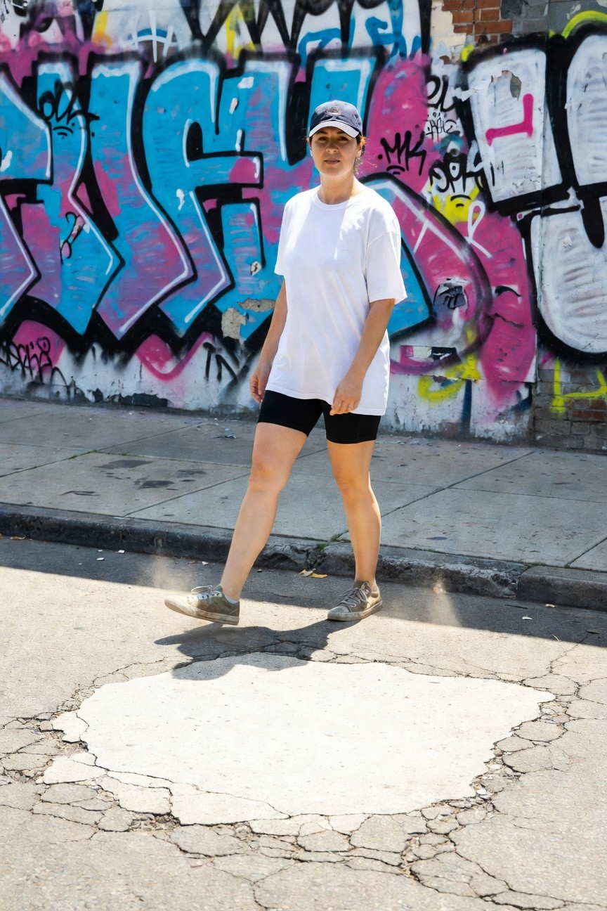 Woman in navy baseball cap, oversized white t-shirt, black bike shorts, and gray sneakers walking on cracked urban sidewalk with colorful graffiti wall backdrop