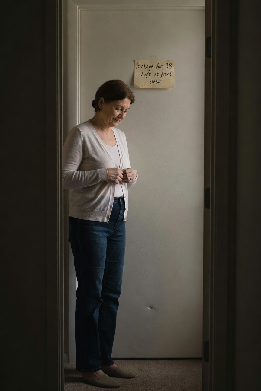 Woman in open white knit cardigan over white shell top, high-waisted straight blue jeans, and beige slip-on flats, standing casually by a door