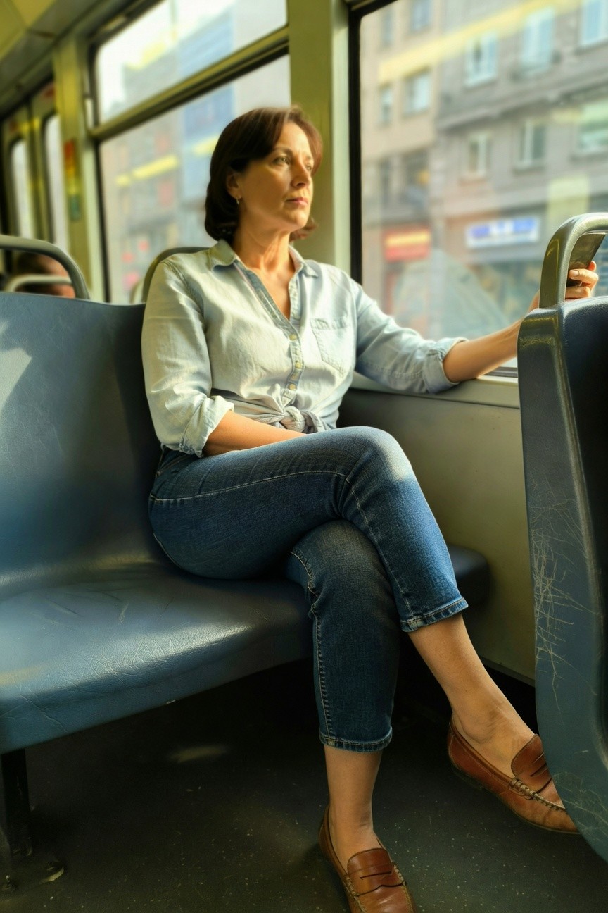 Mature woman sitting on blue bus seat wearing light blue chambray button-up shirt tied at waist with rolled sleeves, slim blue ankle-length jeans, and brown leather loafers, hand on metal bus rail