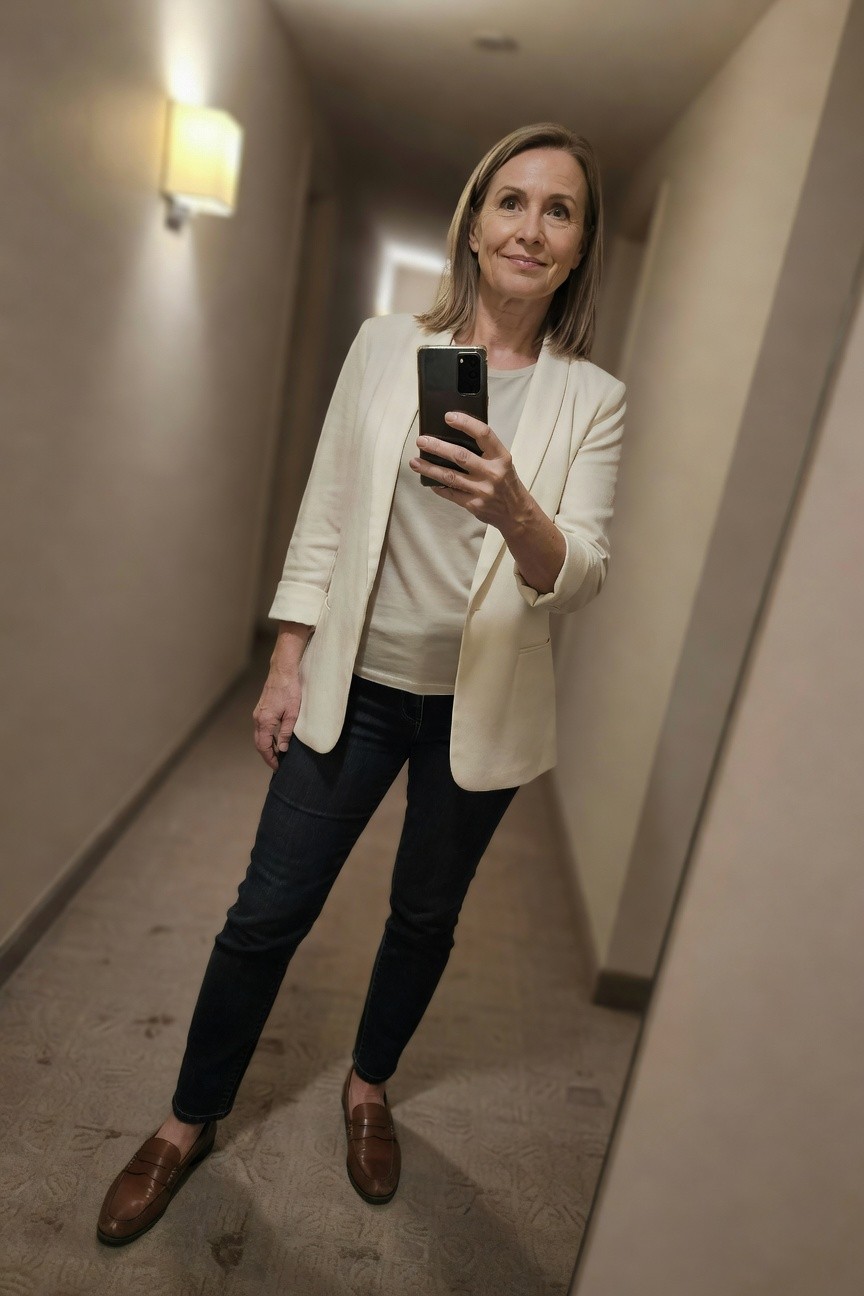 Woman in her 50s taking a selfie in a hallway, wearing a cream blazer over a white shell top, dark slim jeans, and brown loafers, smiling confidently