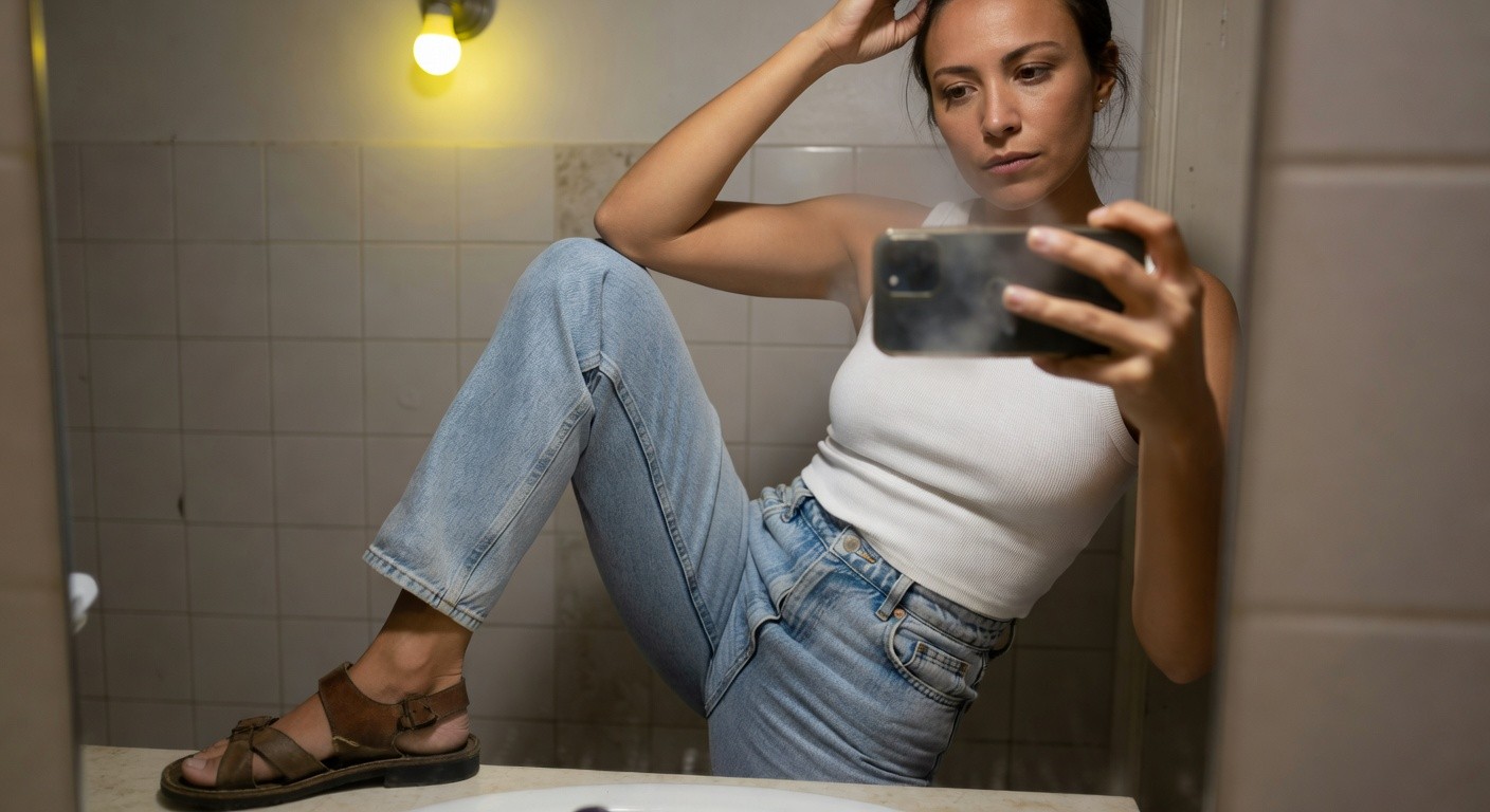 Woman taking a mirror selfie in a bathroom, wearing a fitted white ribbed tank top, high-waisted light blue wide-leg jeans, and brown leather strap sandals, one leg propped on a sink edge, casual summer outfit.