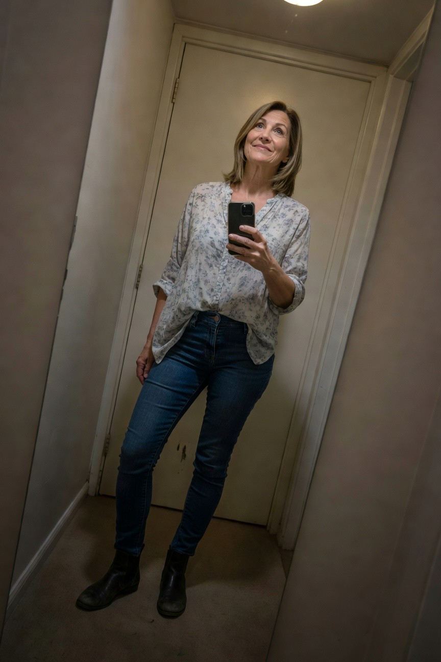 Mirror selfie of a smiling woman in her 50s standing in a narrow indoor hallway, wearing a loose white floral-print blouse with cuffed sleeves, high-waisted dark blue straight-leg jeans, and black leather ankle boots, holding her phone.