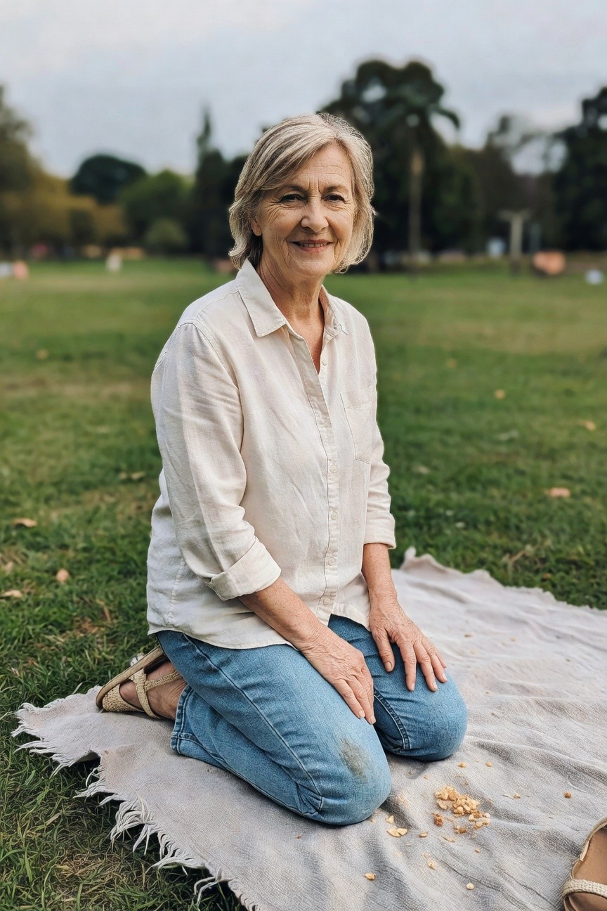 Silver-haired woman in her 60s kneeling on a picnic blanket wearing a cream linen long-sleeve button-down shirt tucked loosely into mid-wash straight-leg blue jeans with tan strappy sandals, hands on knees, park grass in background